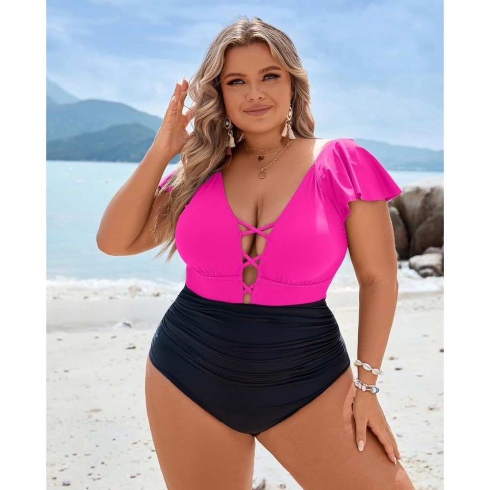 Blooming Jelly Black & Pink One Piece Tummy Control Swimsuit Size XXL